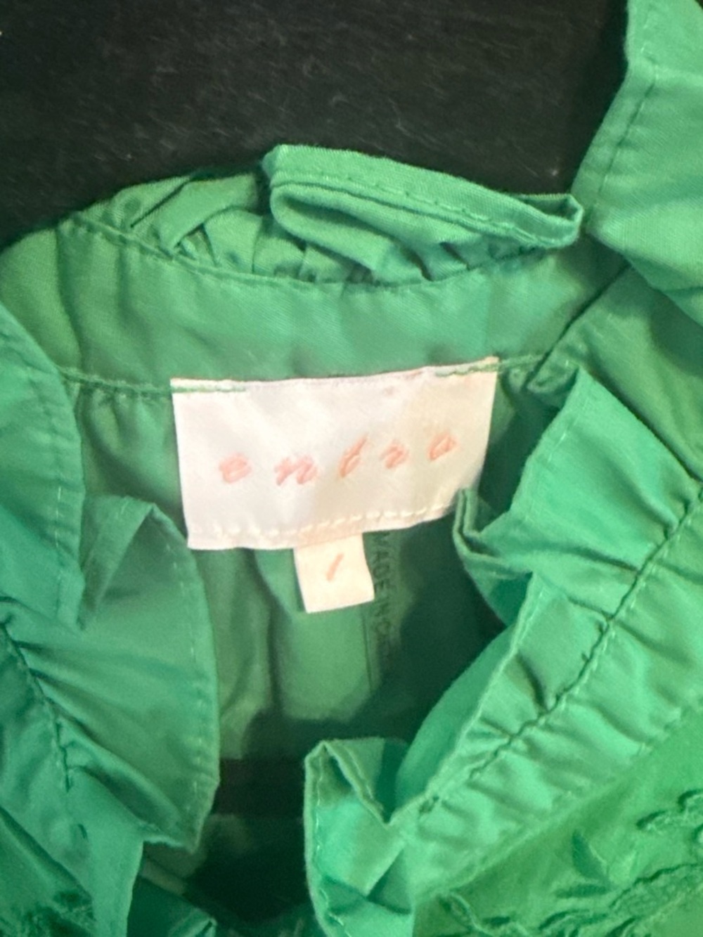 entro Green Embroidered Ruffle-Trim Button-Down Top - Picture 2 of 3